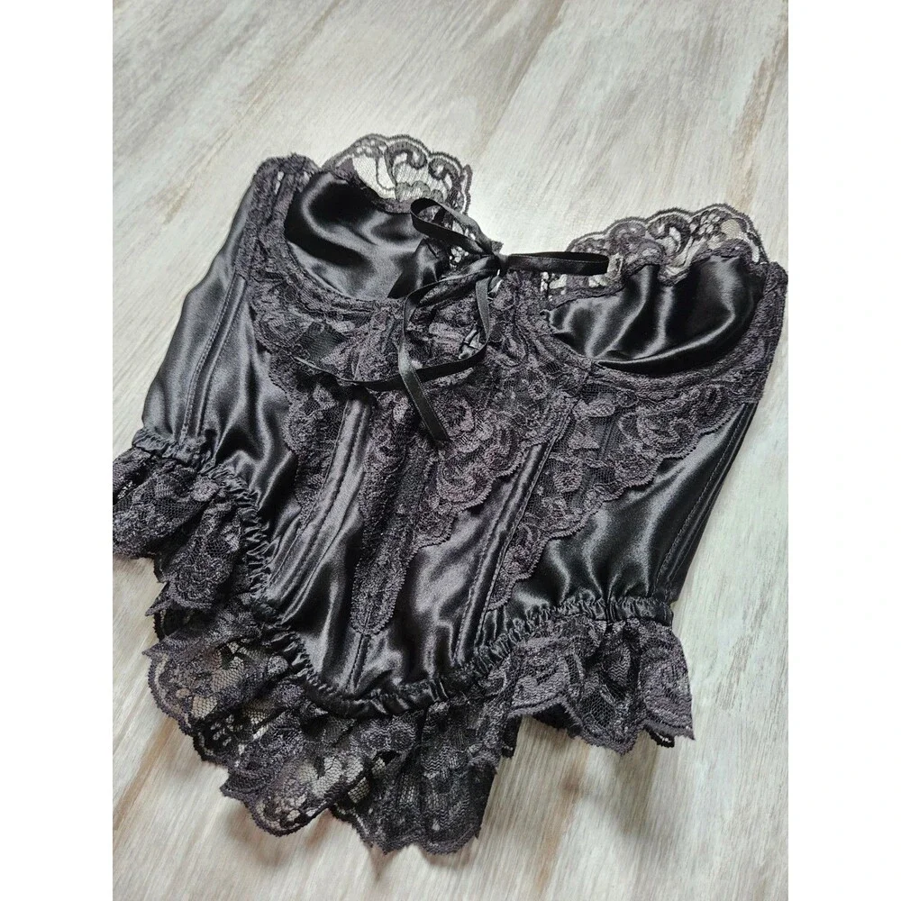 VTG Victoria’s Secret Gold Crown Corset 32B Black Lace Satin Sheer Bustier EUC - Picture 2 of 9